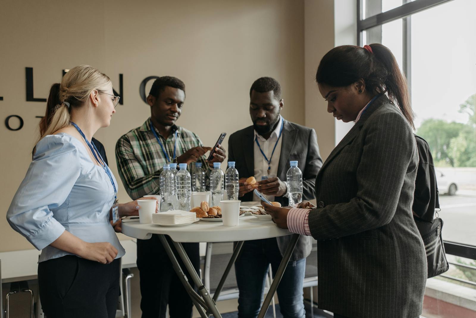 Two professionals networking at a business meeting