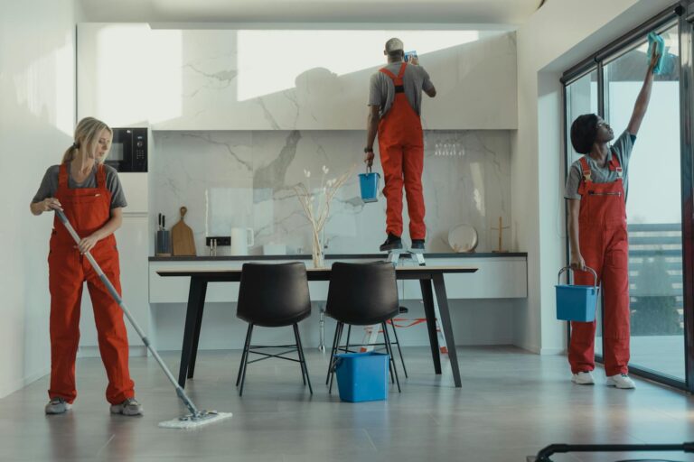 Professional house cleaner working in a modern home